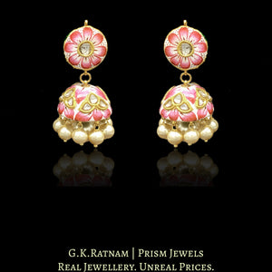 23k Gold and Diamond Polki Jhumki Earring Pair with pink floral enamelling - G. K. Ratnam