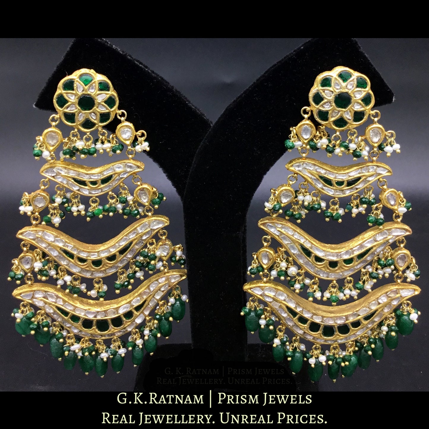 23k Gold and Diamond Polki pasa-style Chandelier Earring Pair with a hint of green - G. K. Ratnam