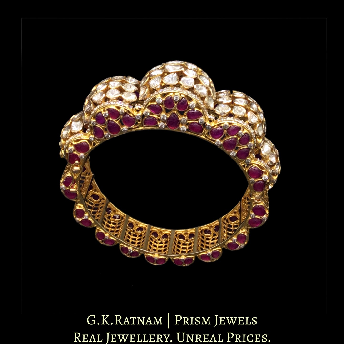 14k Gold and Diamond Polki Open Setting Bangle (Pacheli) with Rubies