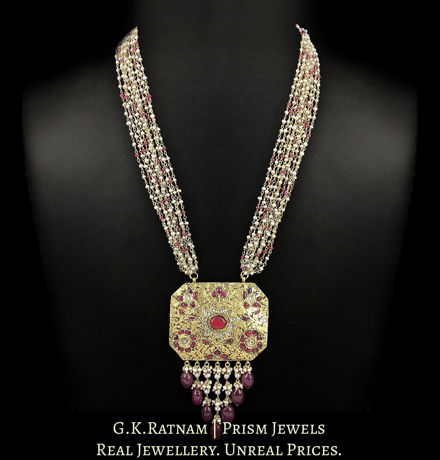 23k Gold And Diamond Polki Antiqued south-style Octagonal Pendant Set with Pearl and Ruby Chains