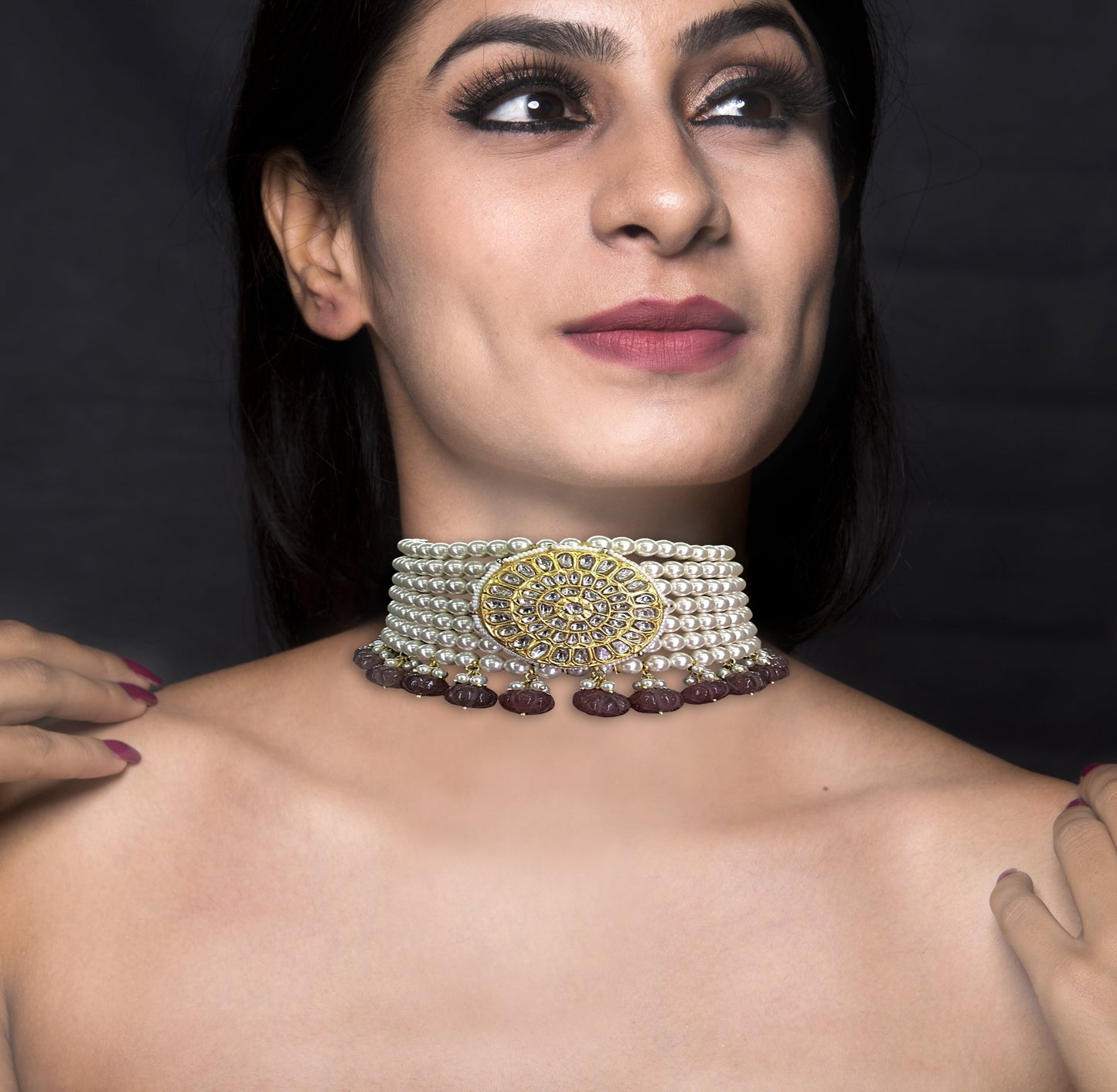 23k Gold and Diamond Polki Choker Necklace with Pearls and Pink Melons - G. K. Ratnam