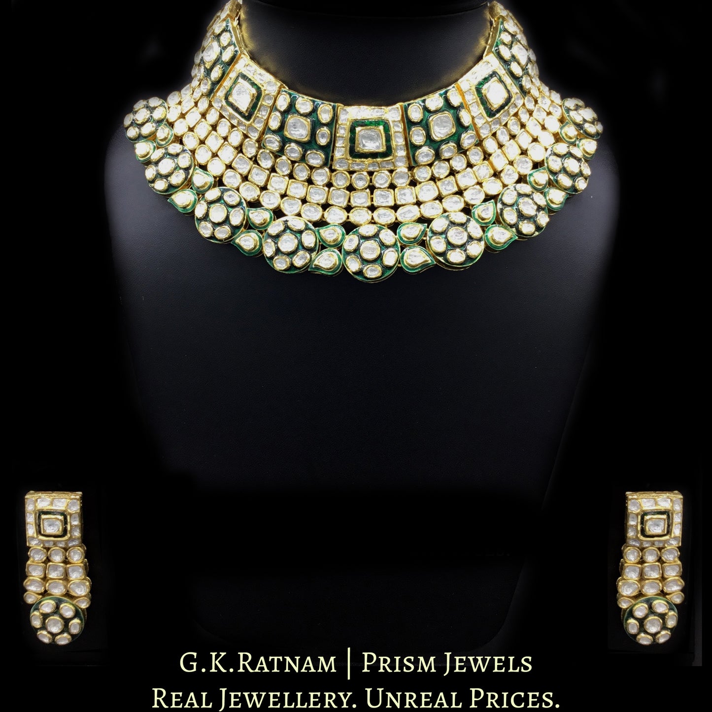 18k Gold and Diamond Polki Choker Necklace Set with Green Enamel - G. K. Ratnam