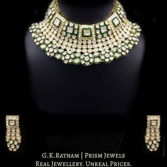 18k Gold and Diamond Polki Choker Necklace Set with Green Enamel - G. K. Ratnam