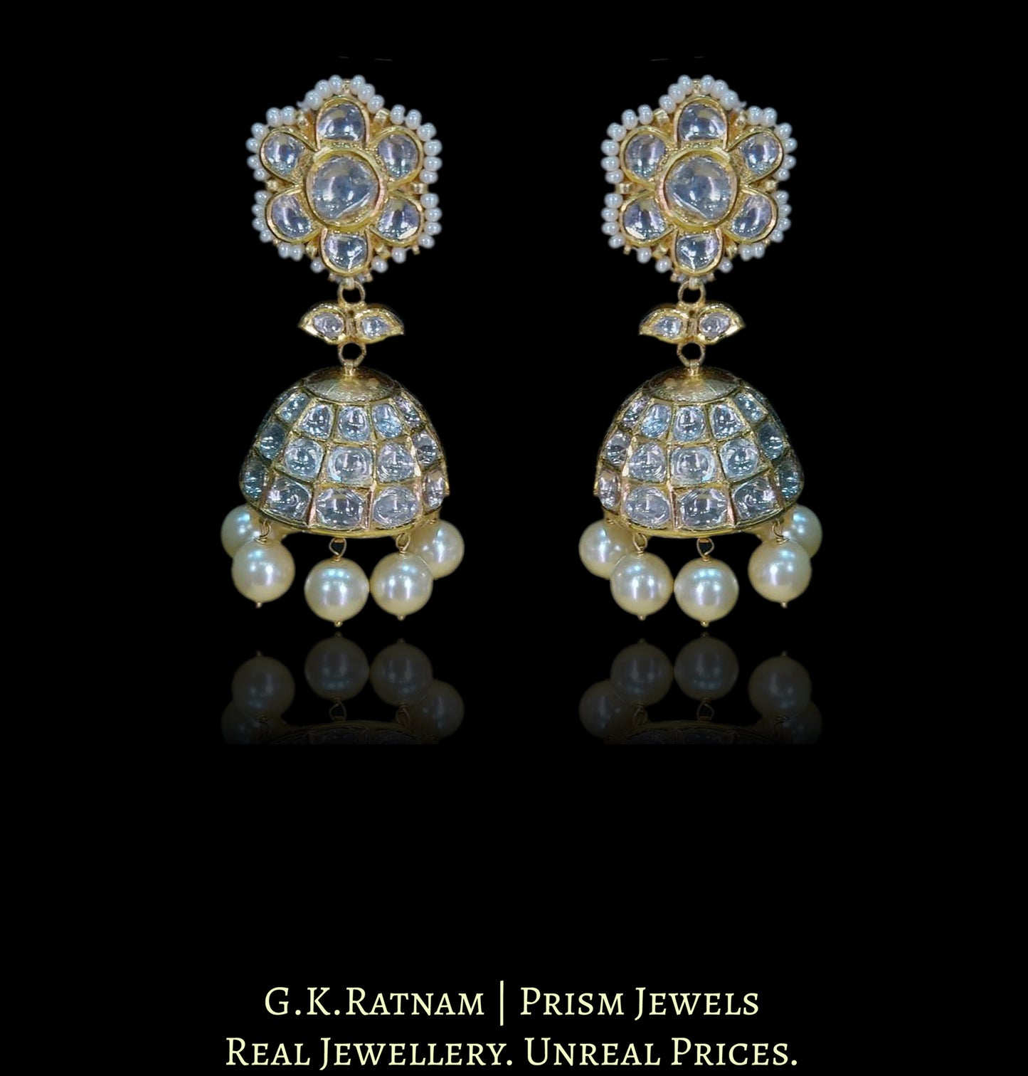 18k Gold and Diamond Polki Jhumki Earring Pair with lustrous Pearls - G. K. Ratnam