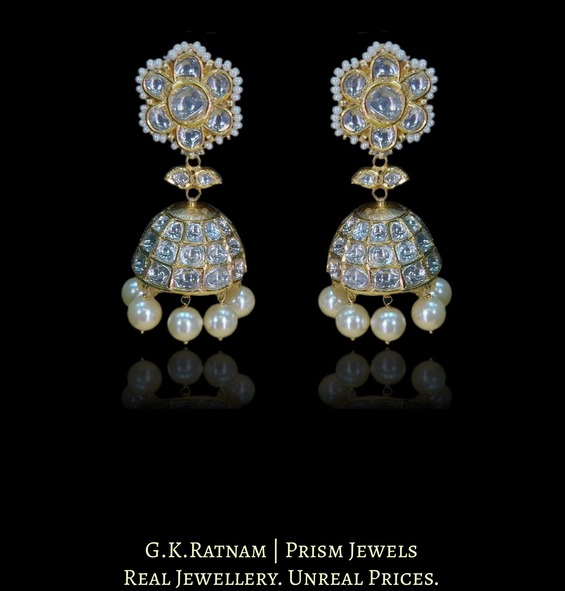 18k Gold and Diamond Polki Jhumki Earring Pair with lustrous Pearls - G. K. Ratnam