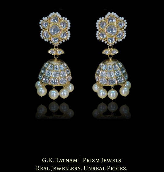 18k Gold and Diamond Polki Jhumki Earring Pair with lustrous Pearls - G. K. Ratnam