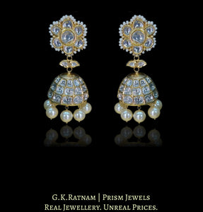 18k Gold and Diamond Polki Jhumki Earring Pair with lustrous Pearls