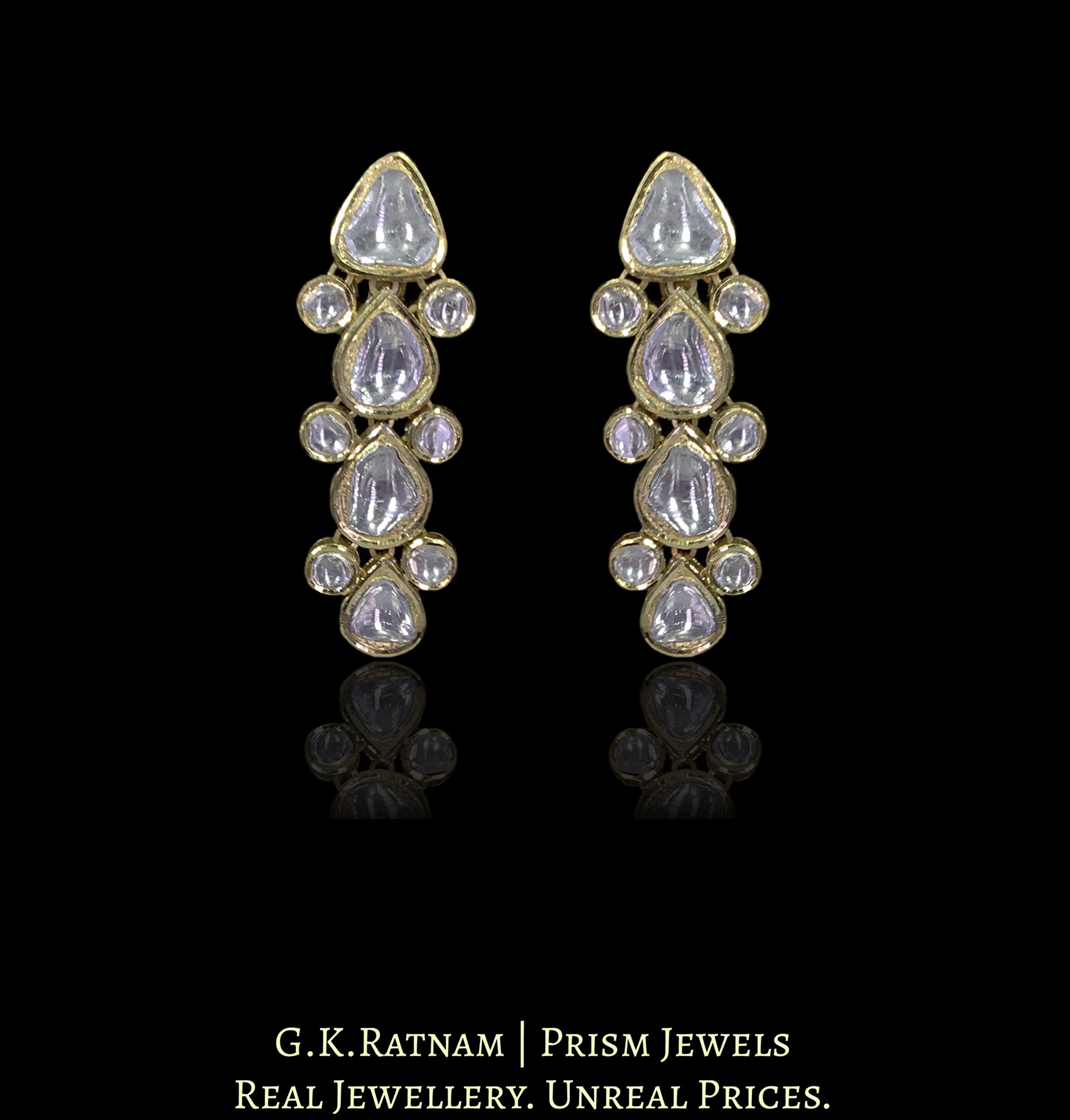 18k Gold and Diamond Polki Long Earring Pair With pear-shaped Uncuts
