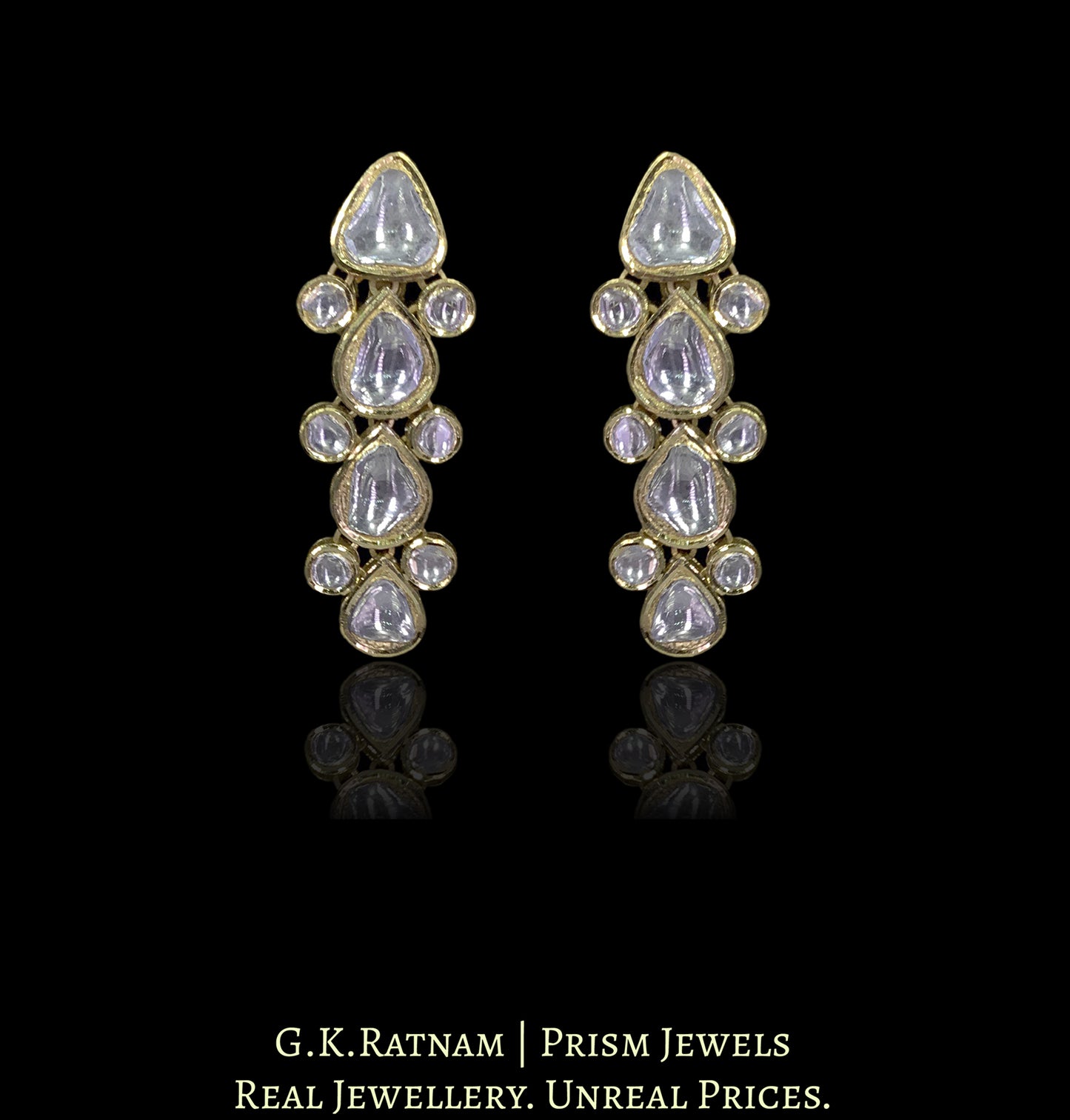 18k Gold and Diamond Polki Long Earring Pair With pear-shaped Uncuts