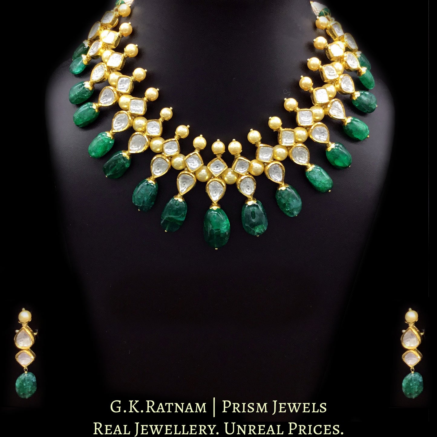 18k Gold and Diamond Polki Necklace Set with lustrous pearls and emerald-grade beryl tumbles - G. K. Ratnam