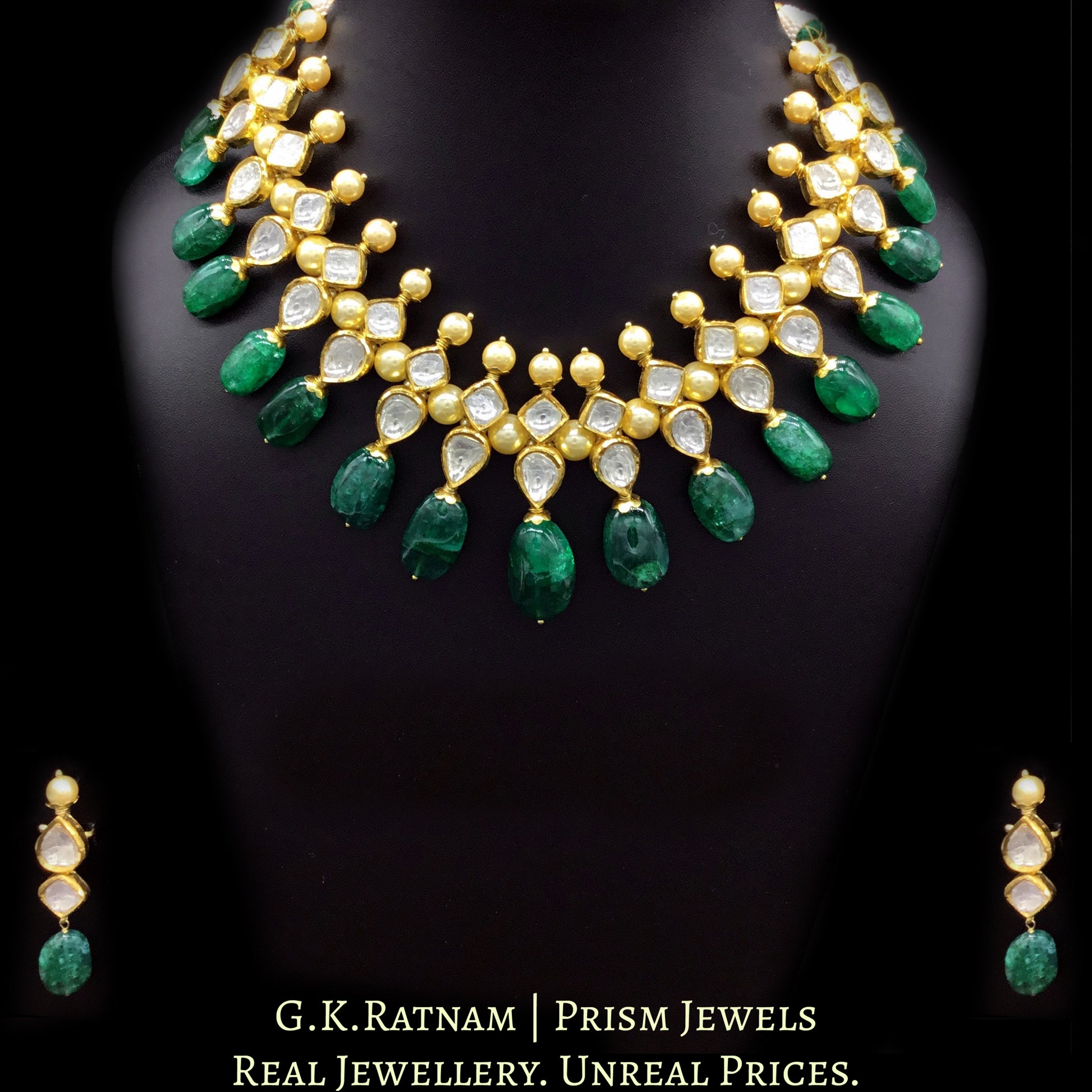 18k Gold and Diamond Polki Necklace Set with lustrous pearls and emerald-grade beryl tumbles - G. K. Ratnam