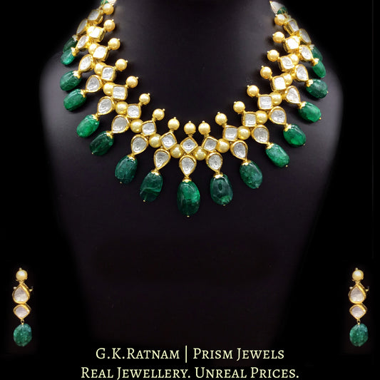 18k Gold and Diamond Polki Necklace Set with lustrous pearls and emerald-grade beryl tumbles - G. K. Ratnam