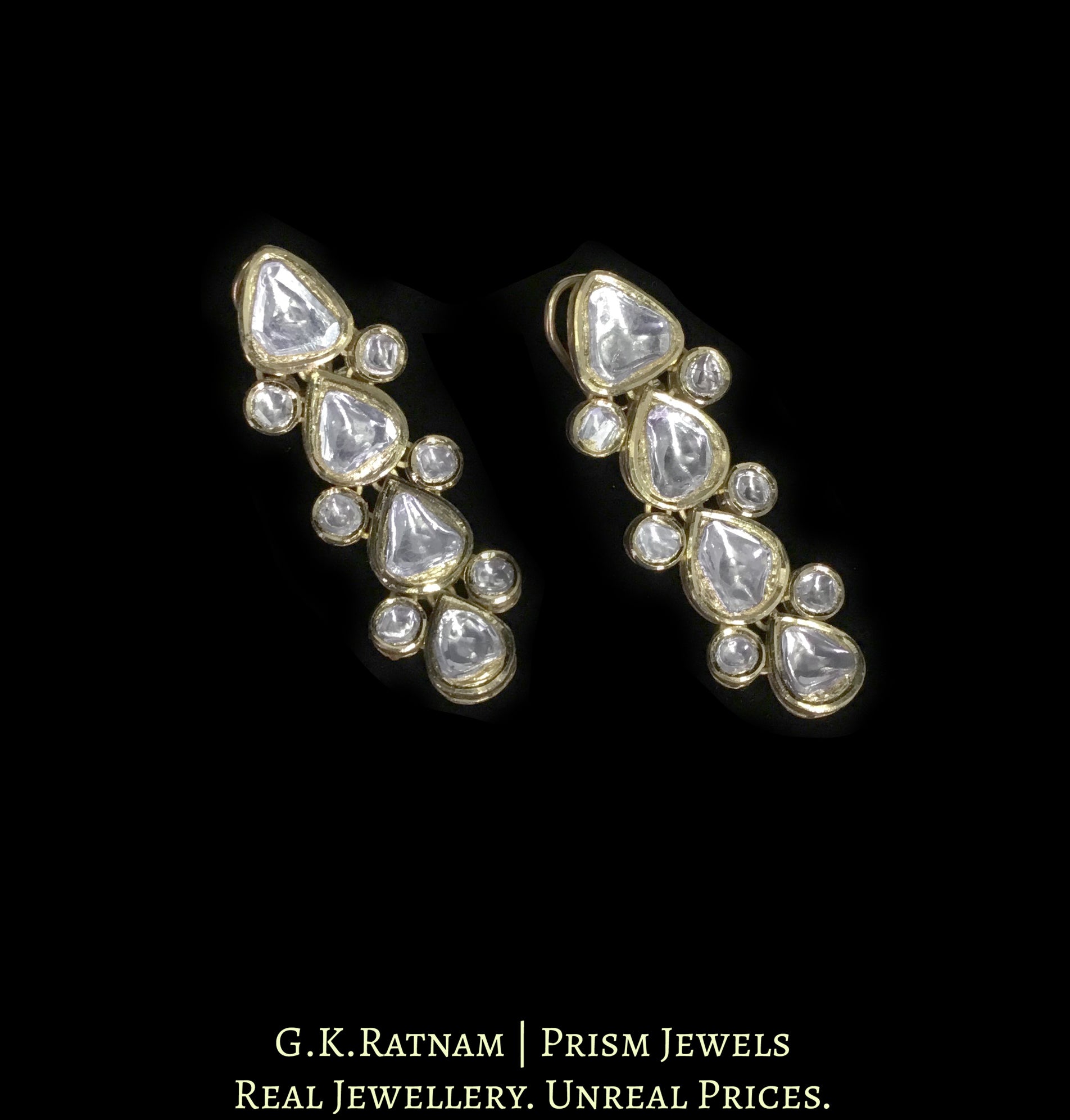 18k Gold and Diamond Polki Long Earring Pair With pear-shaped Uncuts