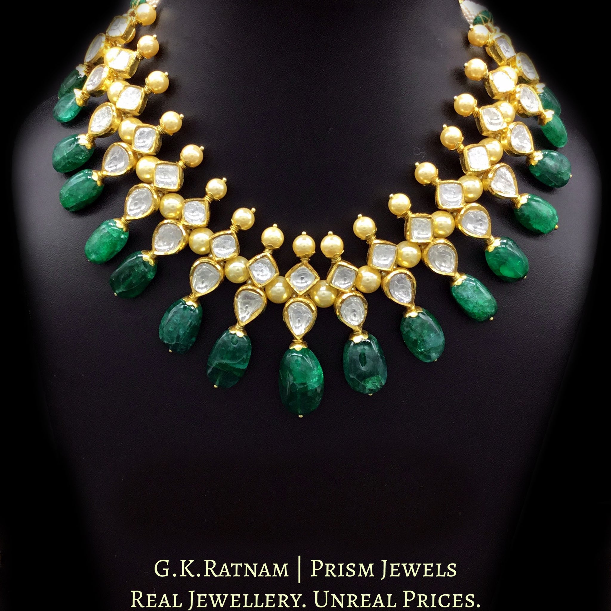 18k Gold and Diamond Polki Necklace Set with lustrous pearls and emerald-grade beryl tumbles - G. K. Ratnam