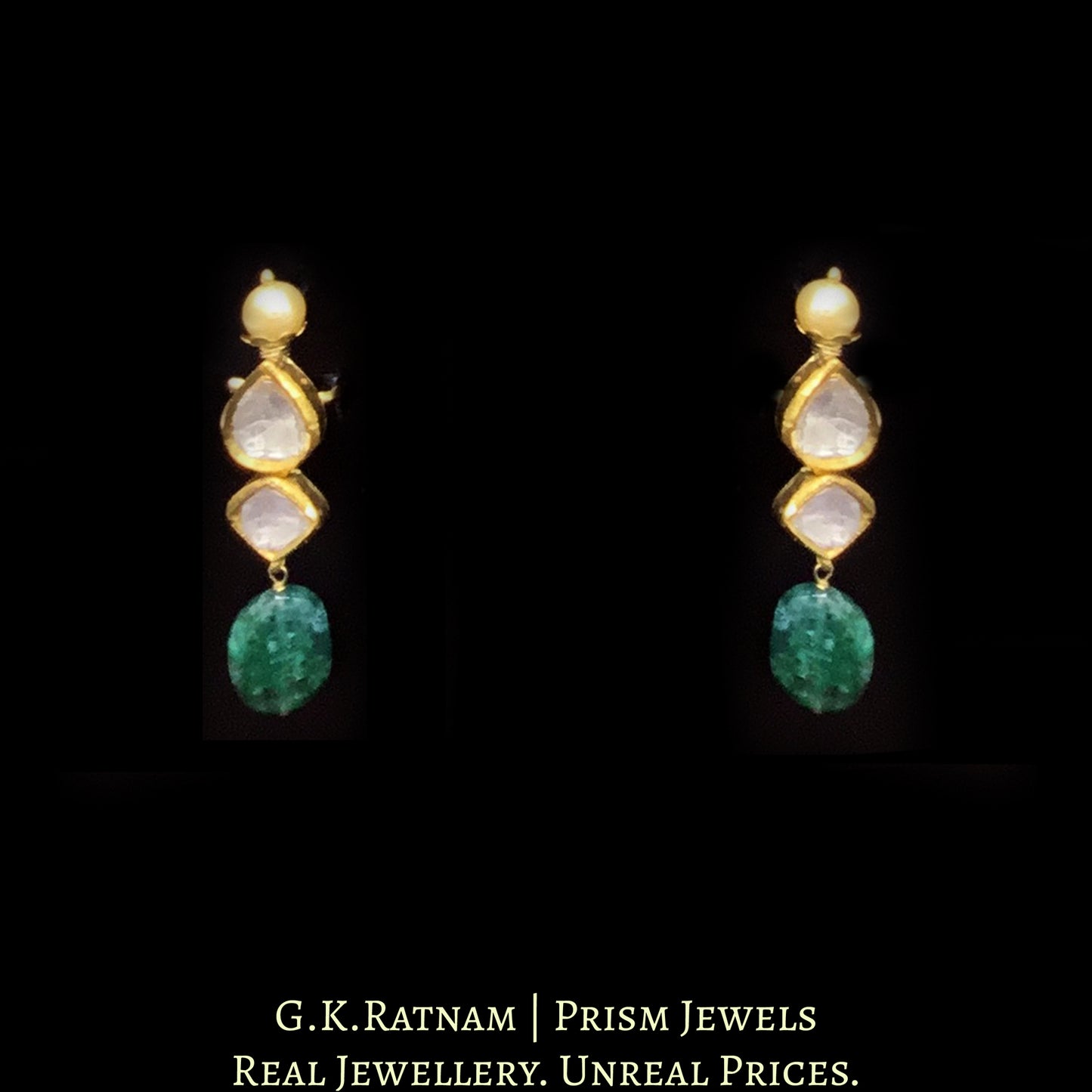 18k Gold and Diamond Polki Necklace Set with lustrous pearls and emerald-grade beryl tumbles - G. K. Ratnam
