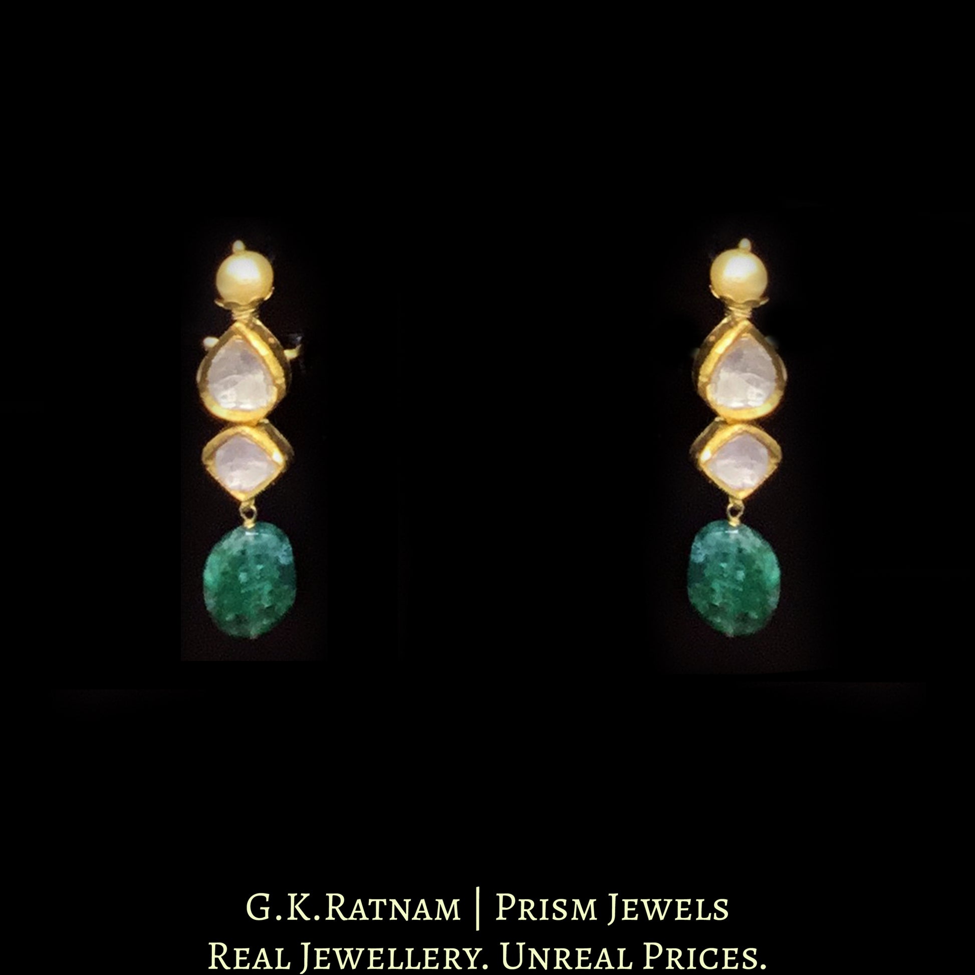 18k Gold and Diamond Polki Necklace Set with lustrous pearls and emerald-grade beryl tumbles - G. K. Ratnam