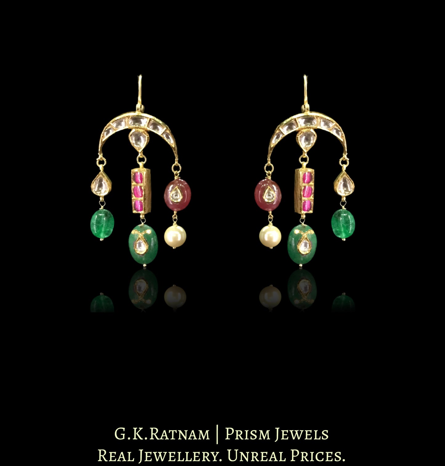 18k Gold and Diamond Polki inverted-crescents Earring Pair with Green Beryls, Rubies and Pearls