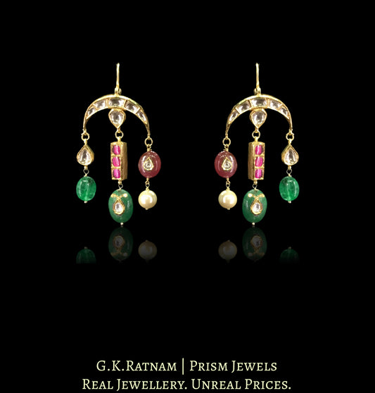 18k Gold and Diamond Polki inverted-crescents Earring Pair with Green Beryls, Rubies and Pearls