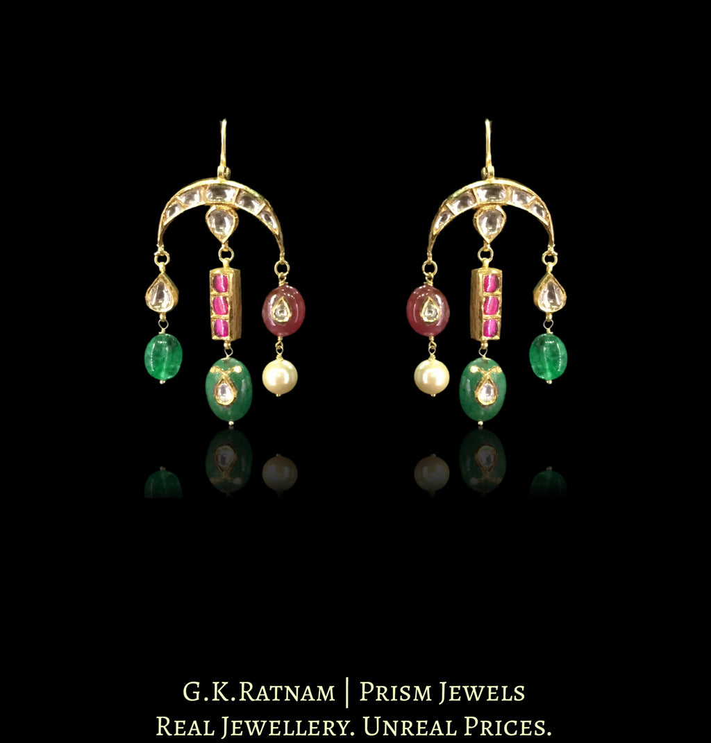 18k Gold and Diamond Polki inverted-crescents Earring Pair with Green Beryls, Rubies and Pearls