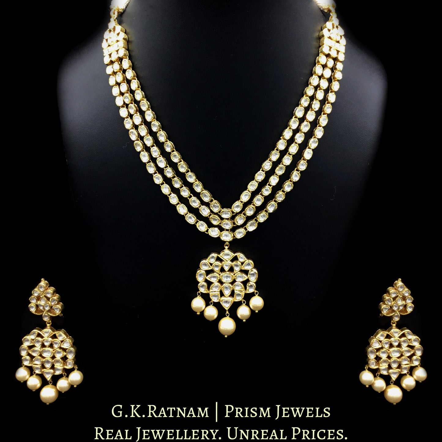 Traditional Gold and Diamond Polki three-line Necklace Set with south-sea-like pearls - G. K. Ratnam