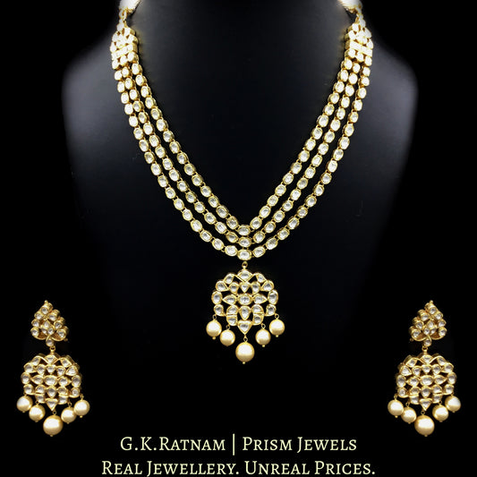 Traditional Gold and Diamond Polki three-line Necklace Set with south-sea-like pearls - G. K. Ratnam