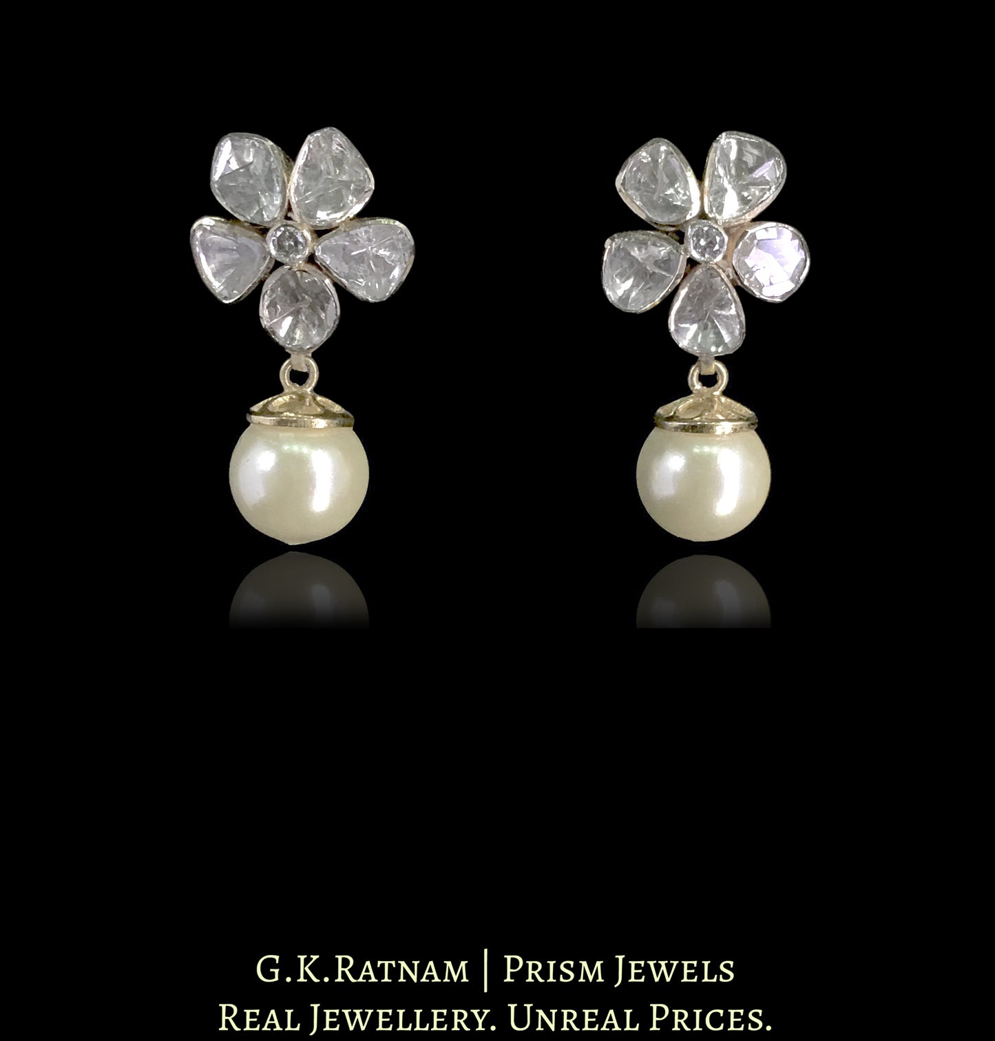 14K Gold and Diamond Polki Open Setting Floral Tops / Studs Earring Pair with Pearl Hangings