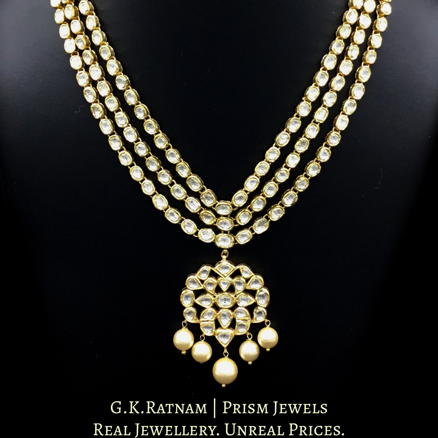 Traditional Gold and Diamond Polki three-line Necklace Set with south-sea-like pearls - G. K. Ratnam