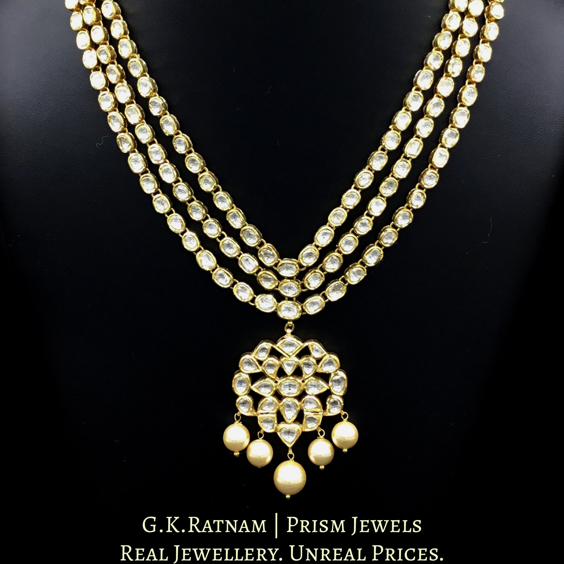 Traditional Gold and Diamond Polki three-line Necklace Set with south-sea-like pearls - G. K. Ratnam