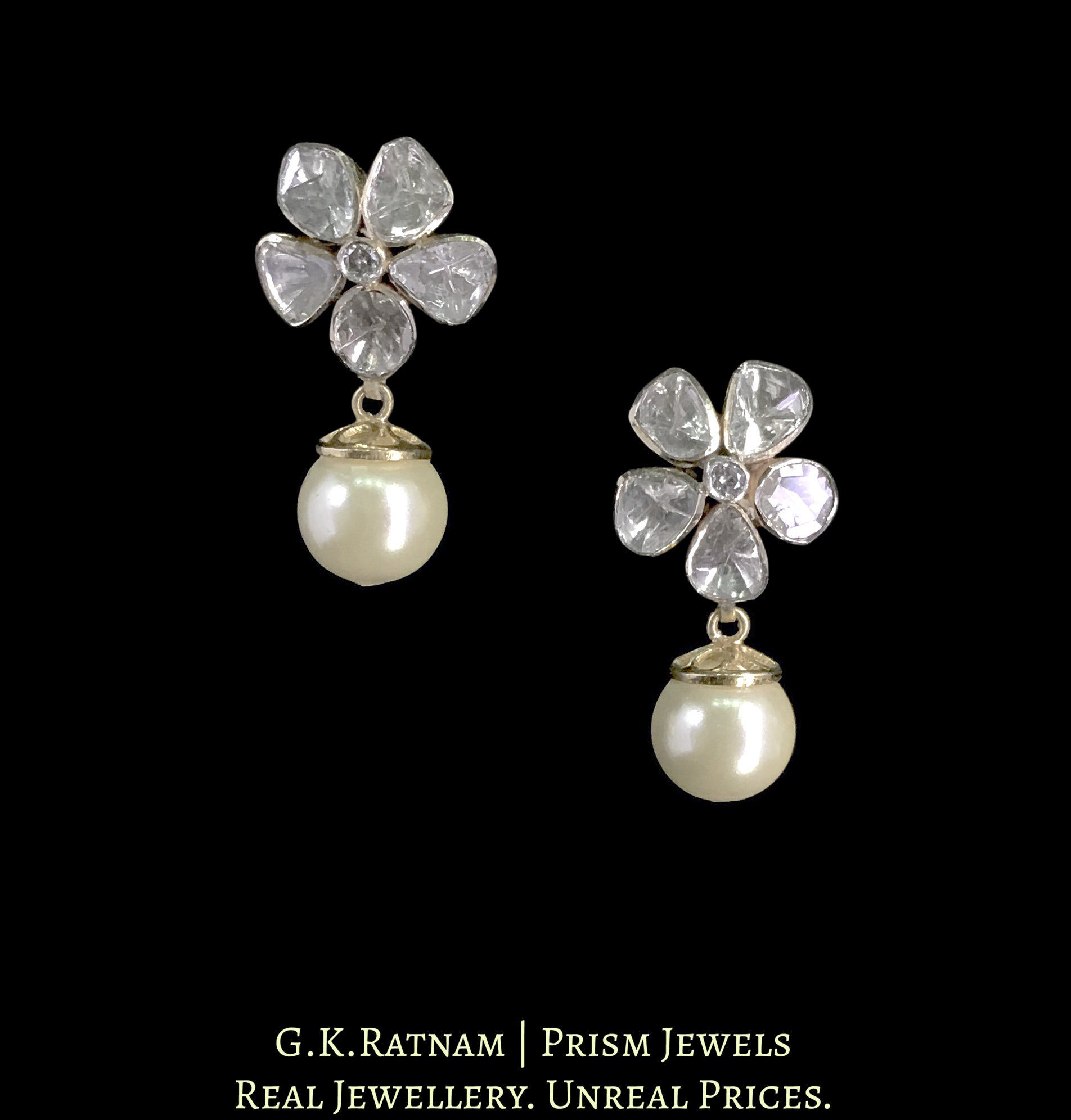 14K Gold Diamond Polki Floral Tops / Studs Earring Pair with Pearl Hangings