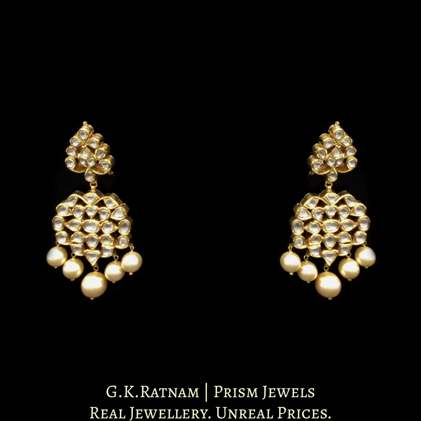 Traditional Gold and Diamond Polki three-line Necklace Set with south-sea-like pearls - G. K. Ratnam