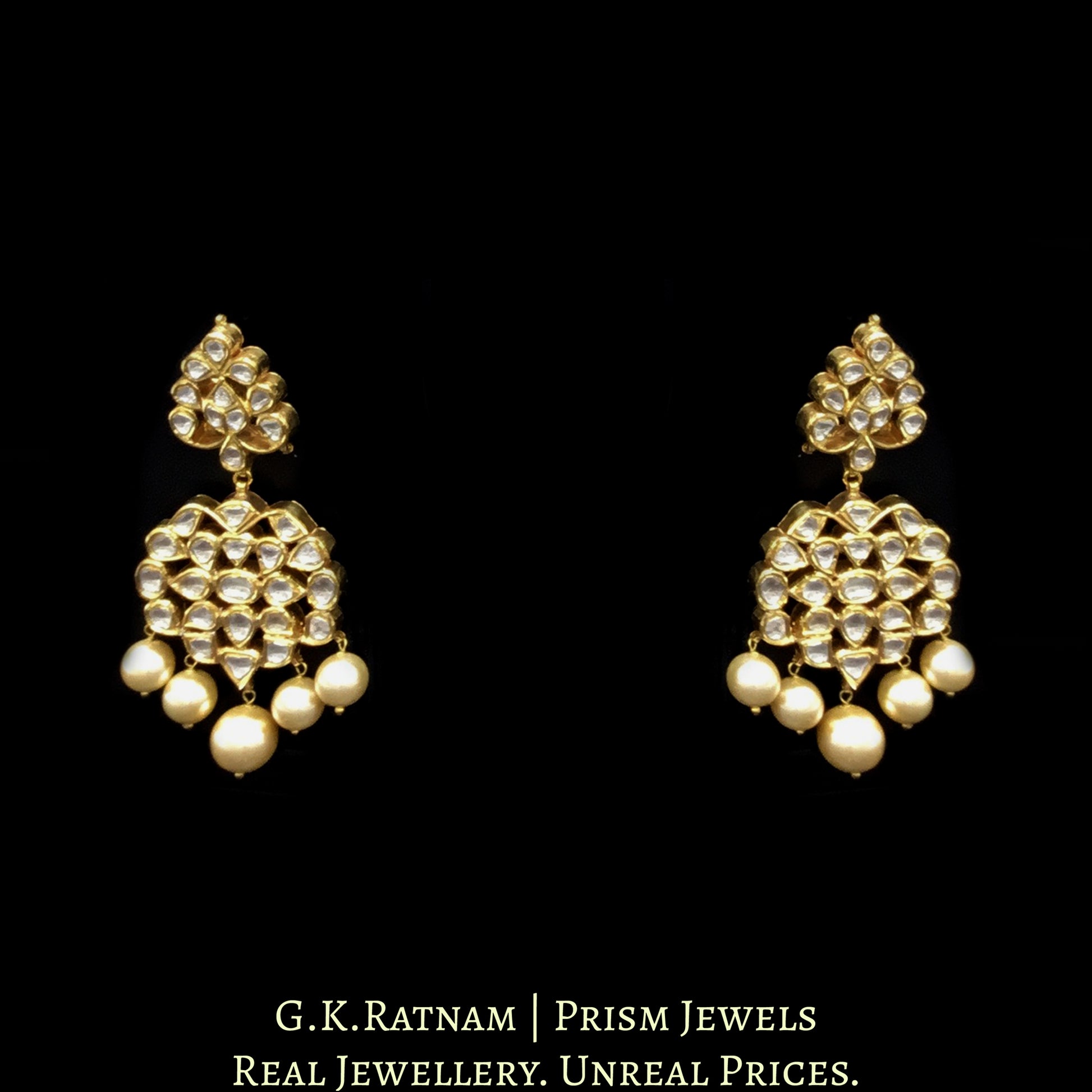 Traditional Gold and Diamond Polki three-line Necklace Set with south-sea-like pearls - G. K. Ratnam