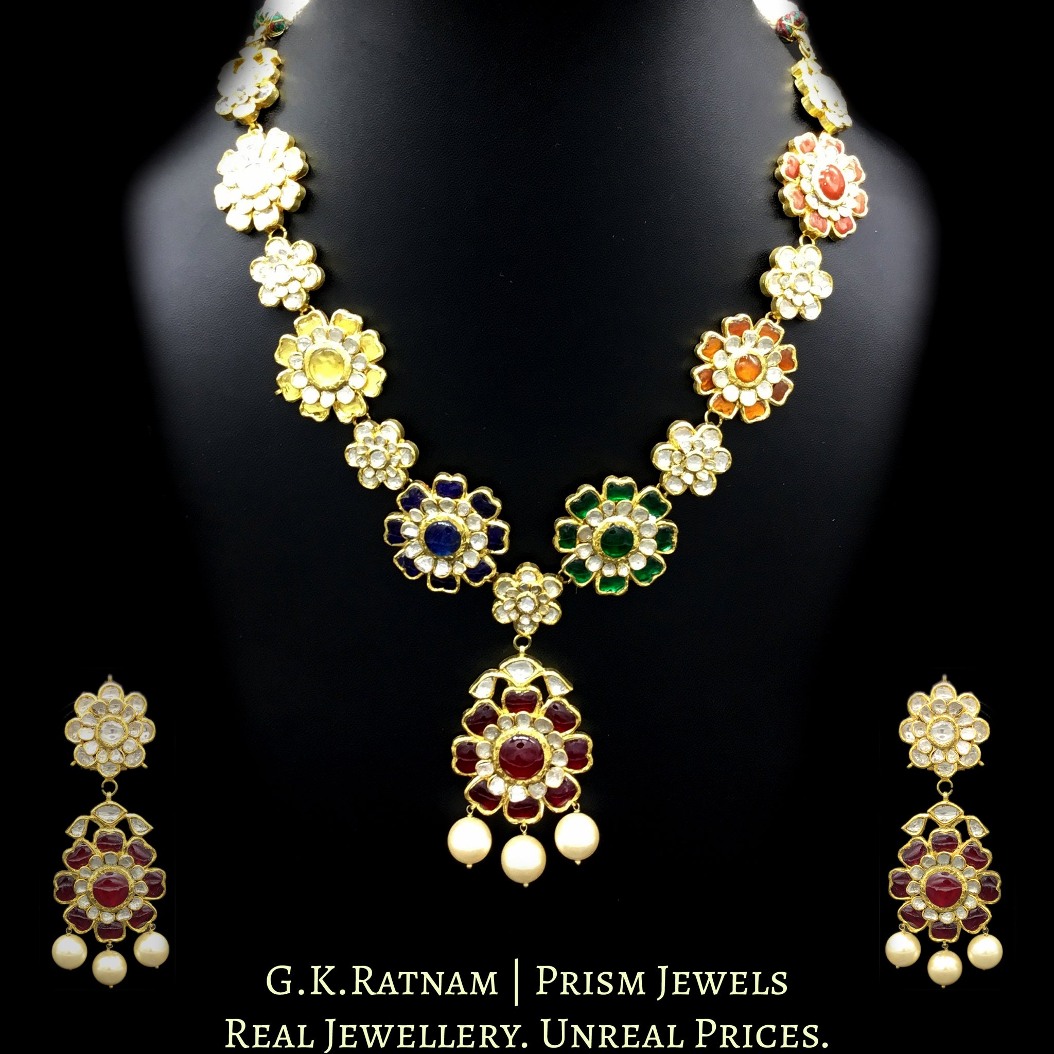 18k Gold and Diamond Polki Navratna Long Necklace Set with colorful flower-shaped tikdas - G. K. Ratnam