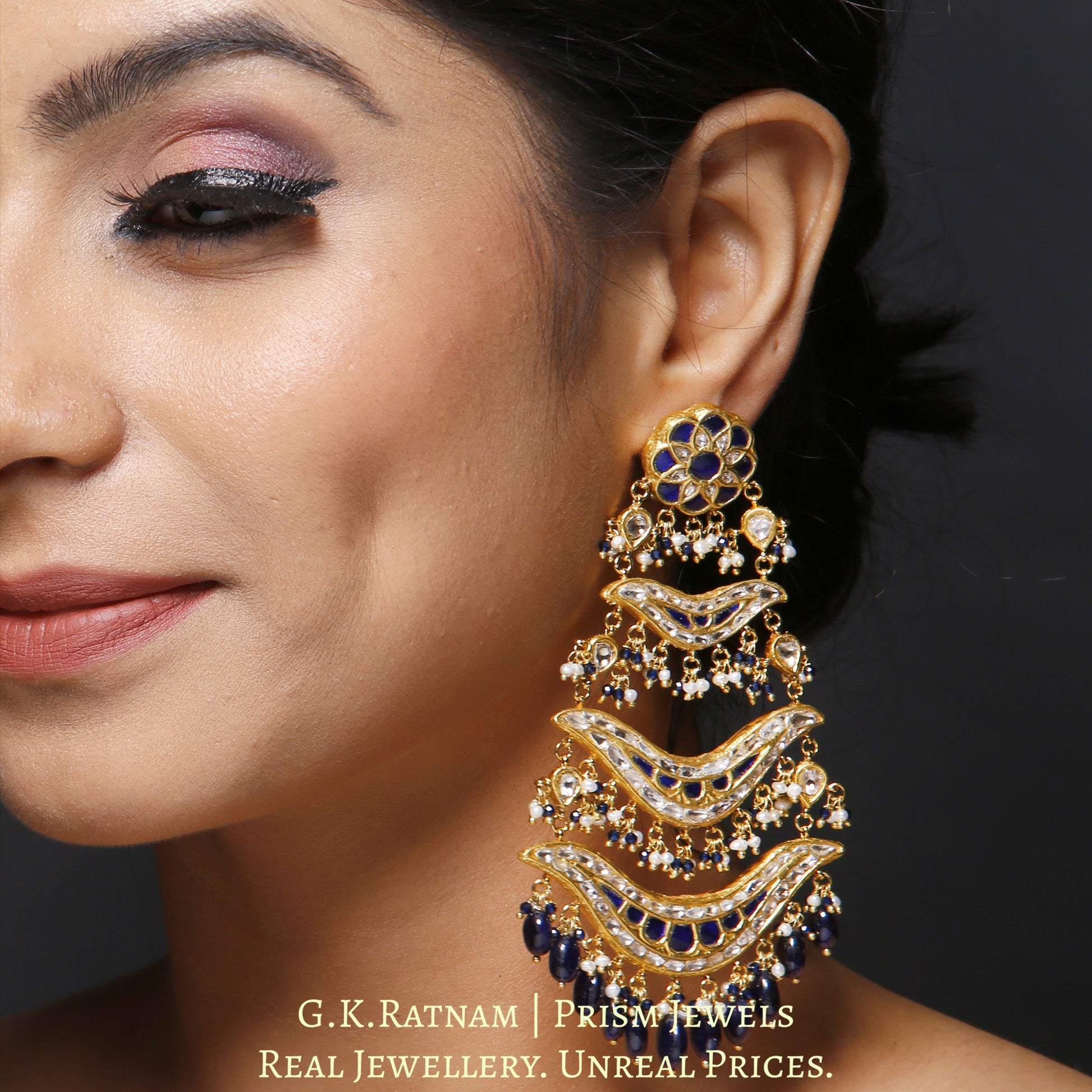 23k Gold and Diamond Polki pasa-style Chandelier Earring Pair with a hint of blue - G. K. Ratnam