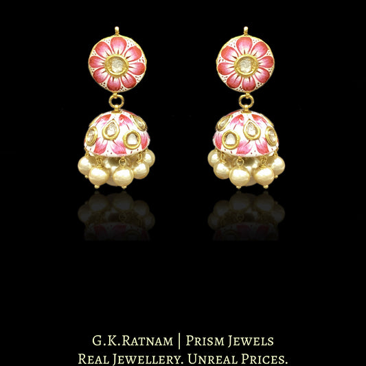 23k Gold and Diamond Polki Jhumki Earring Pair with gulabi (pink) meena - G. K. Ratnam