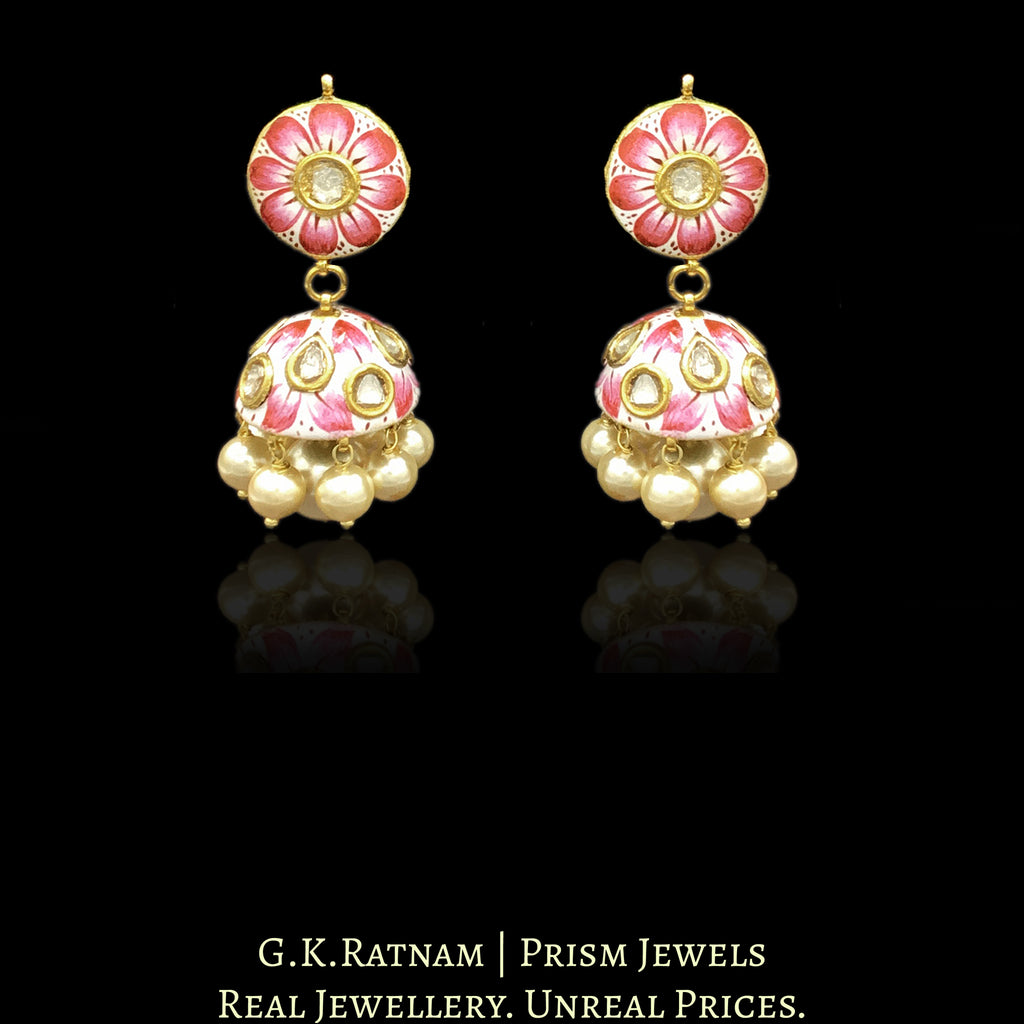 23k Gold and Diamond Polki Jhumki Earring Pair with gulabi (pink) meena - G. K. Ratnam