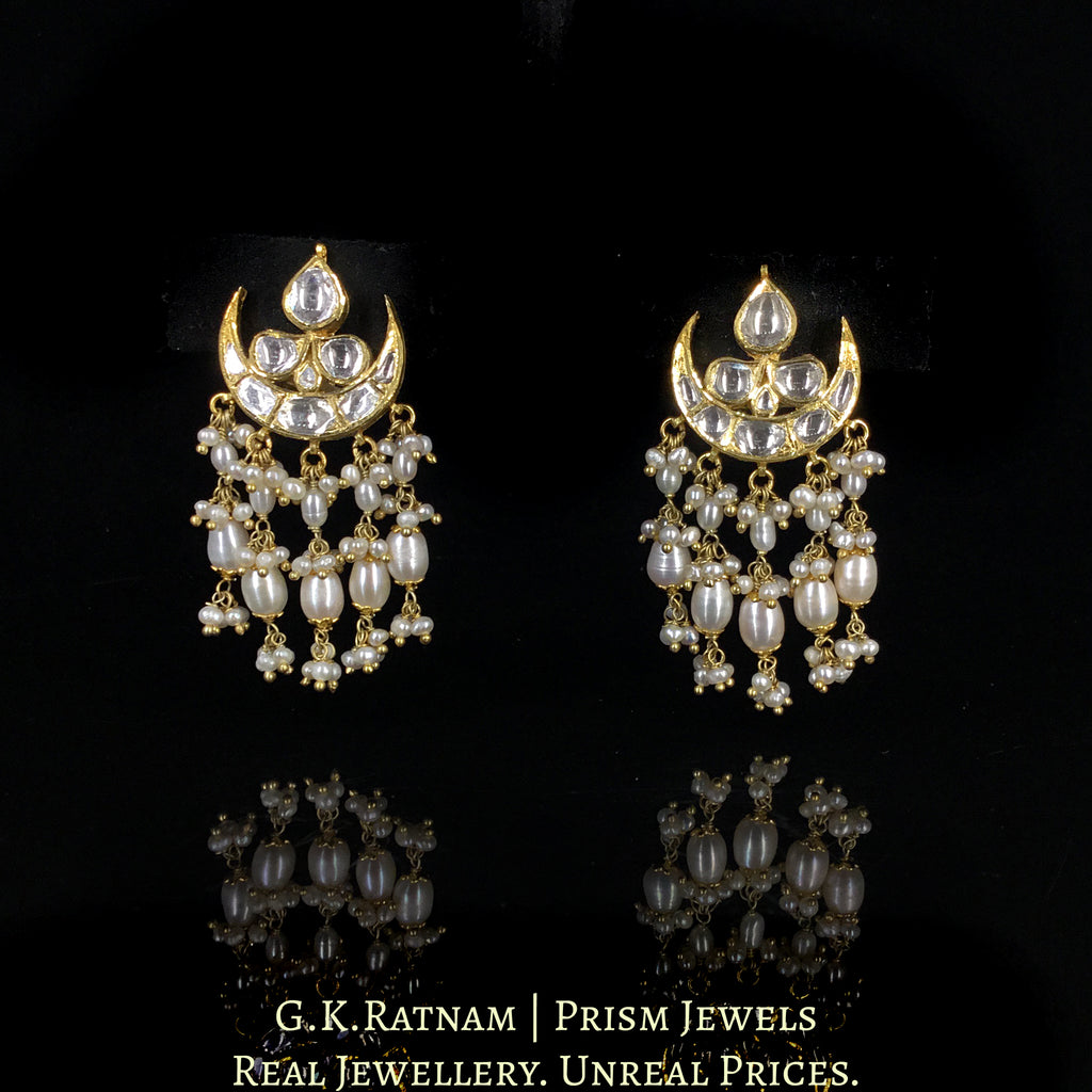 18k Gold and Diamond Polki chand-shaped Karanphool Earring Pair With Natural Freshwater Pearls