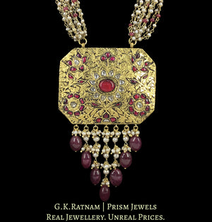 23k Gold And Diamond Polki Antiqued south-style Octagonal Pendant Set with Pearl and Ruby Chains
