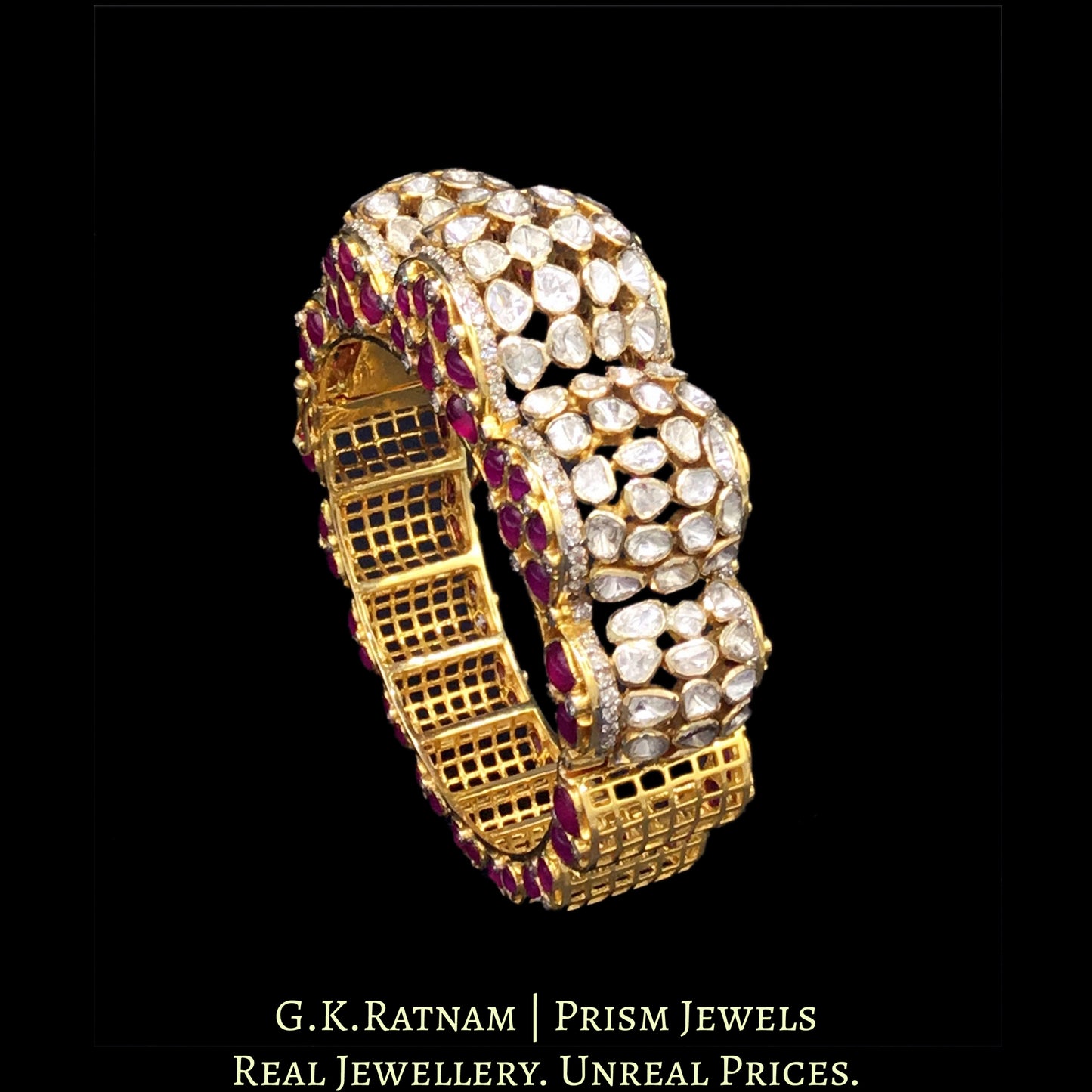 14k Gold and Diamond Polki Open Setting Bangle (Pacheli) with Rubies