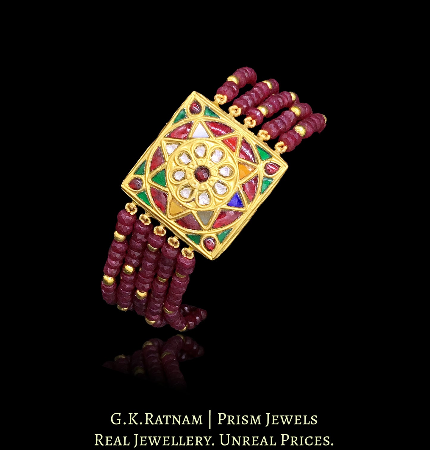 23k Gold and Diamond Polki watch-like Bracelet with Rubies