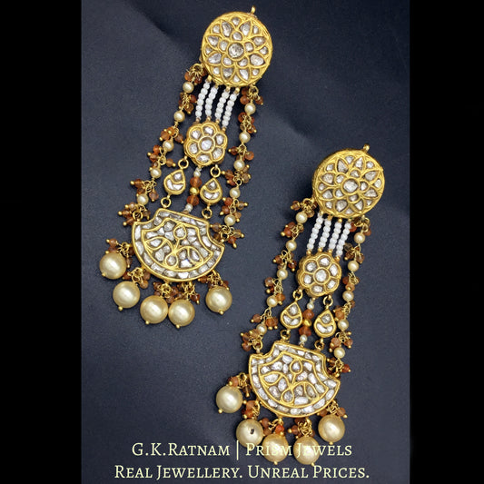 23k Gold and Diamond Polki pankhi (fan) Long Earring Pair with orange carnelians and natural freshwater pearls - G. K. Ratnam