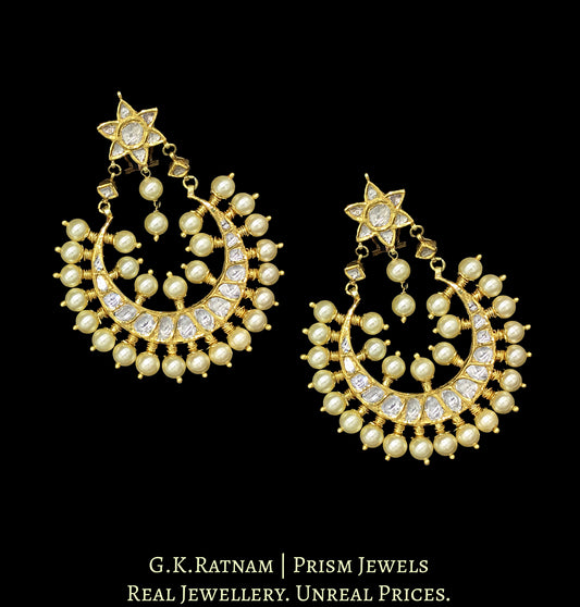 18k Gold and Diamond Polki Chand Bali Earrings with Pearls - G. K. Ratnam