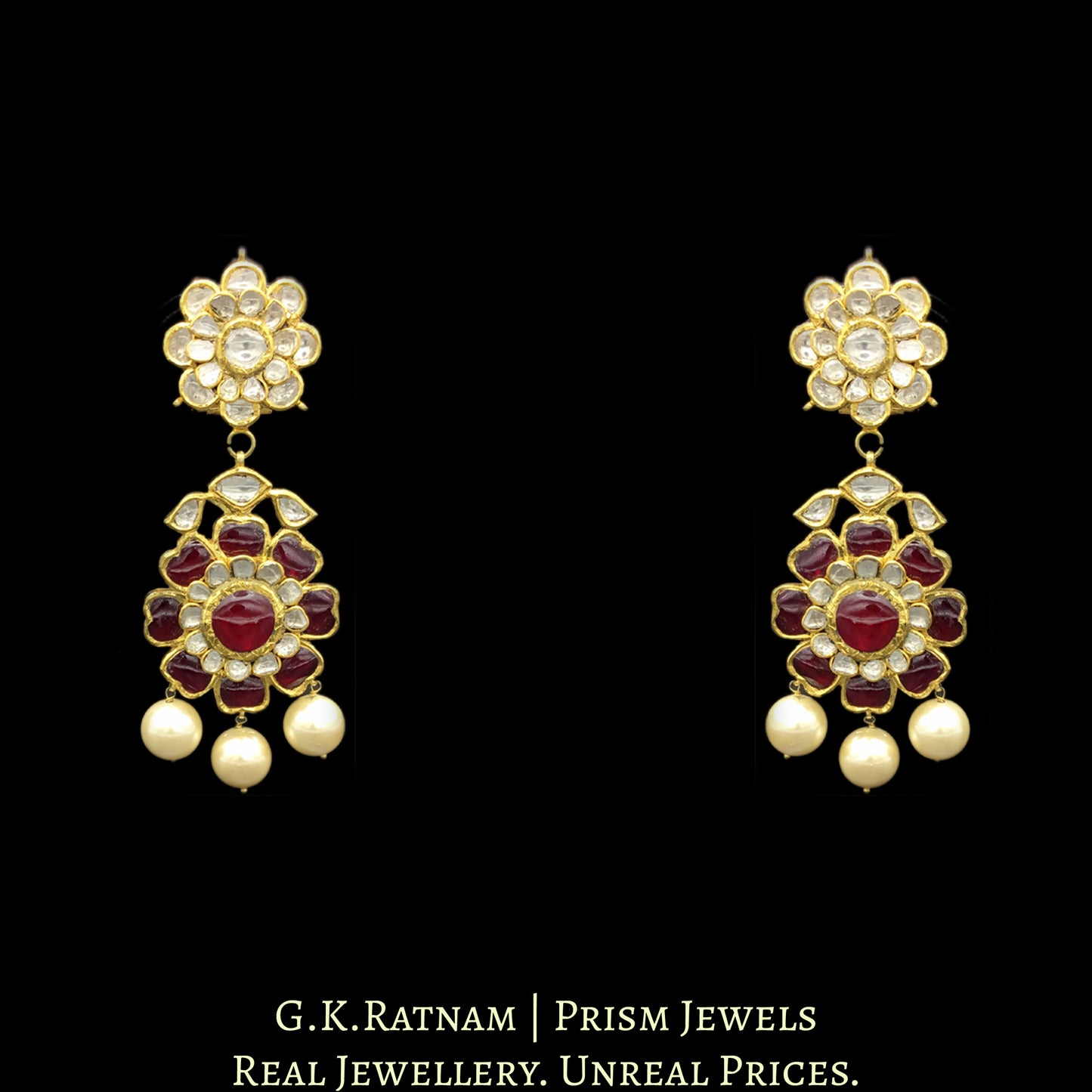 18k Gold and Diamond Polki Navratna Long Necklace Set with colorful flower-shaped tikdas - G. K. Ratnam