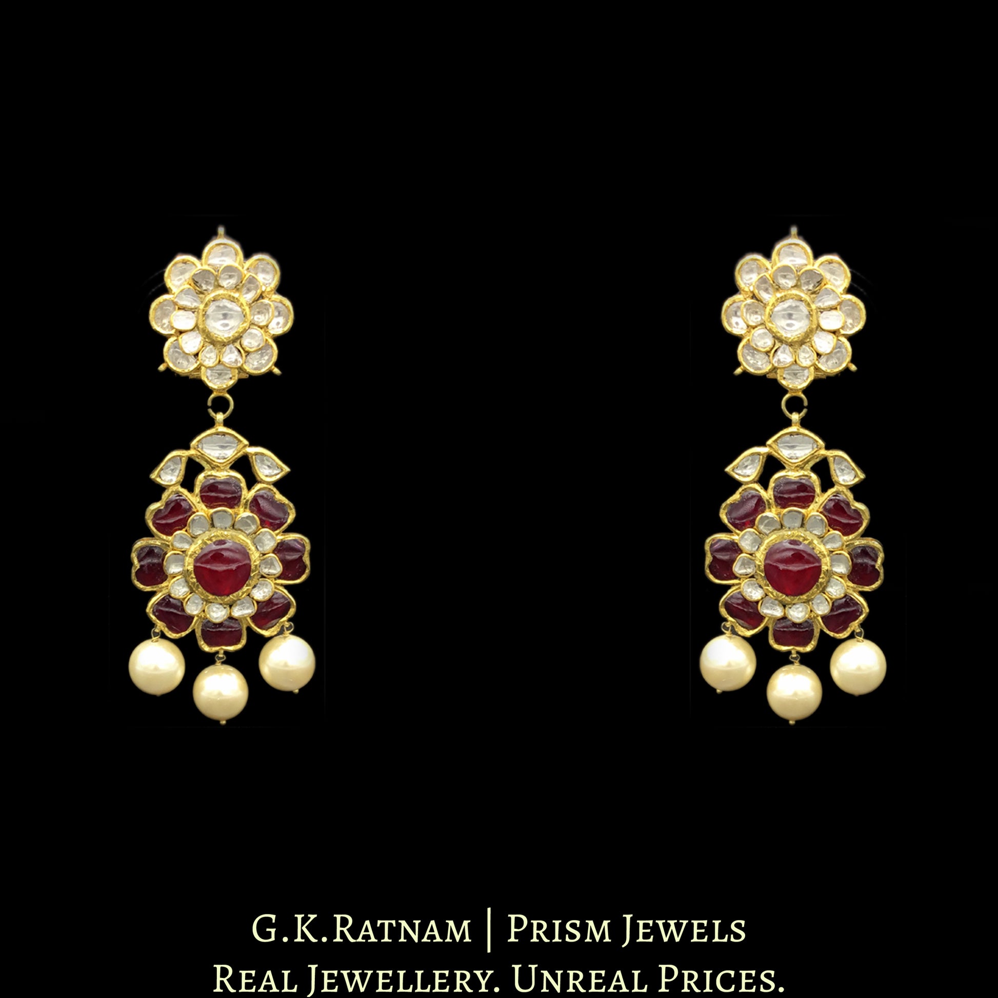 18k Gold and Diamond Polki Navratna Long Necklace Set with colorful flower-shaped tikdas - G. K. Ratnam