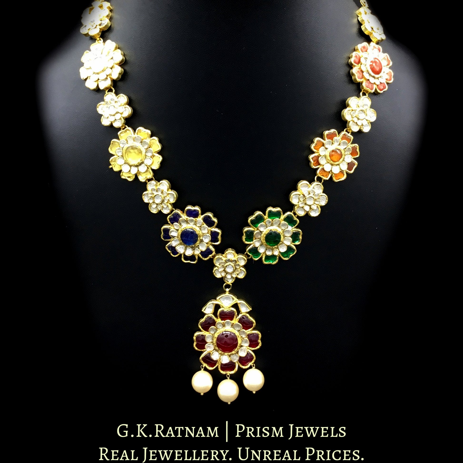 18k Gold and Diamond Polki Navratna Long Necklace Set with colorful flower-shaped tikdas - G. K. Ratnam