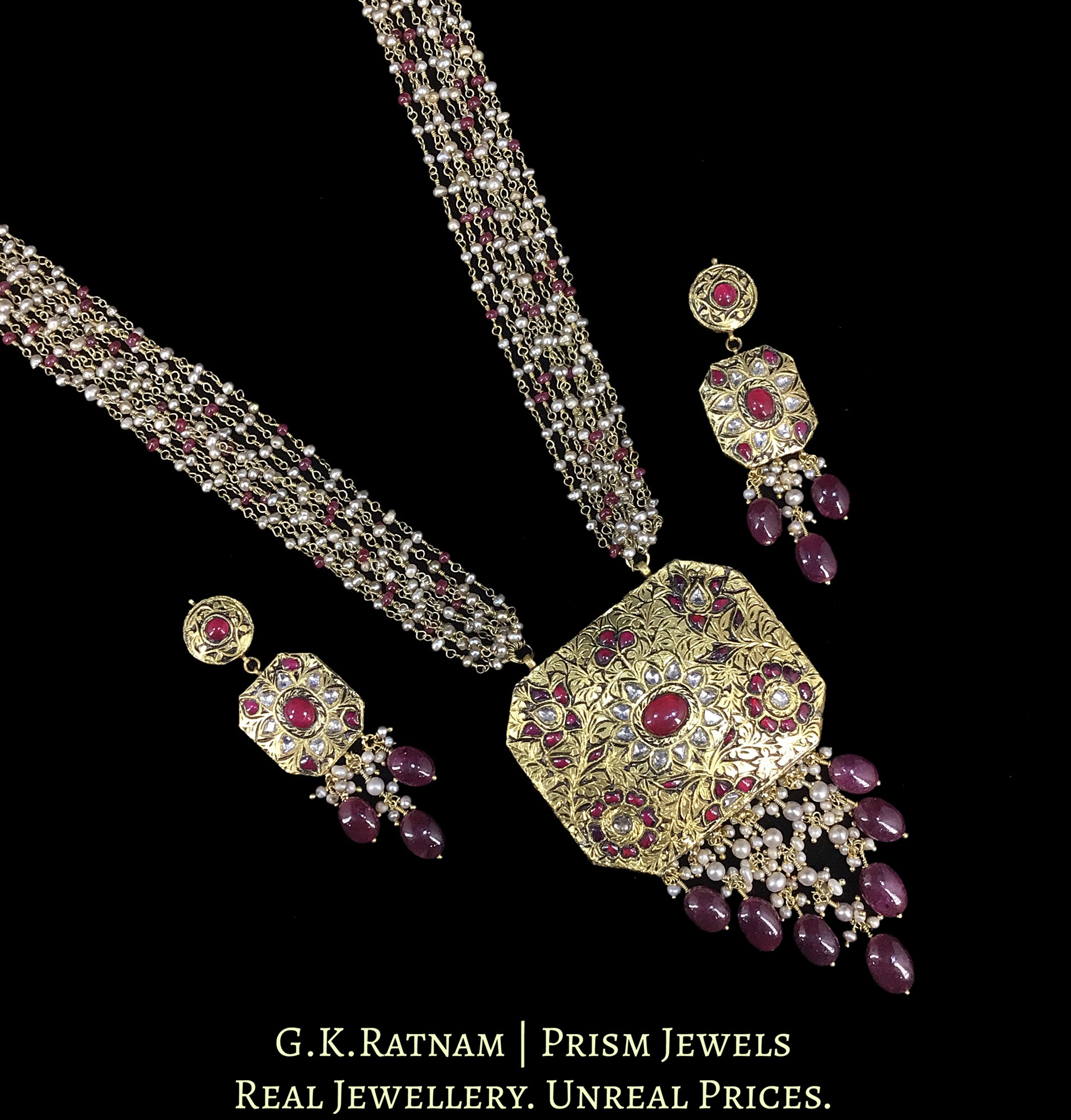 23k Gold And Diamond Polki Antiqued south-style Octagonal Pendant Set with Pearl and Ruby Chains