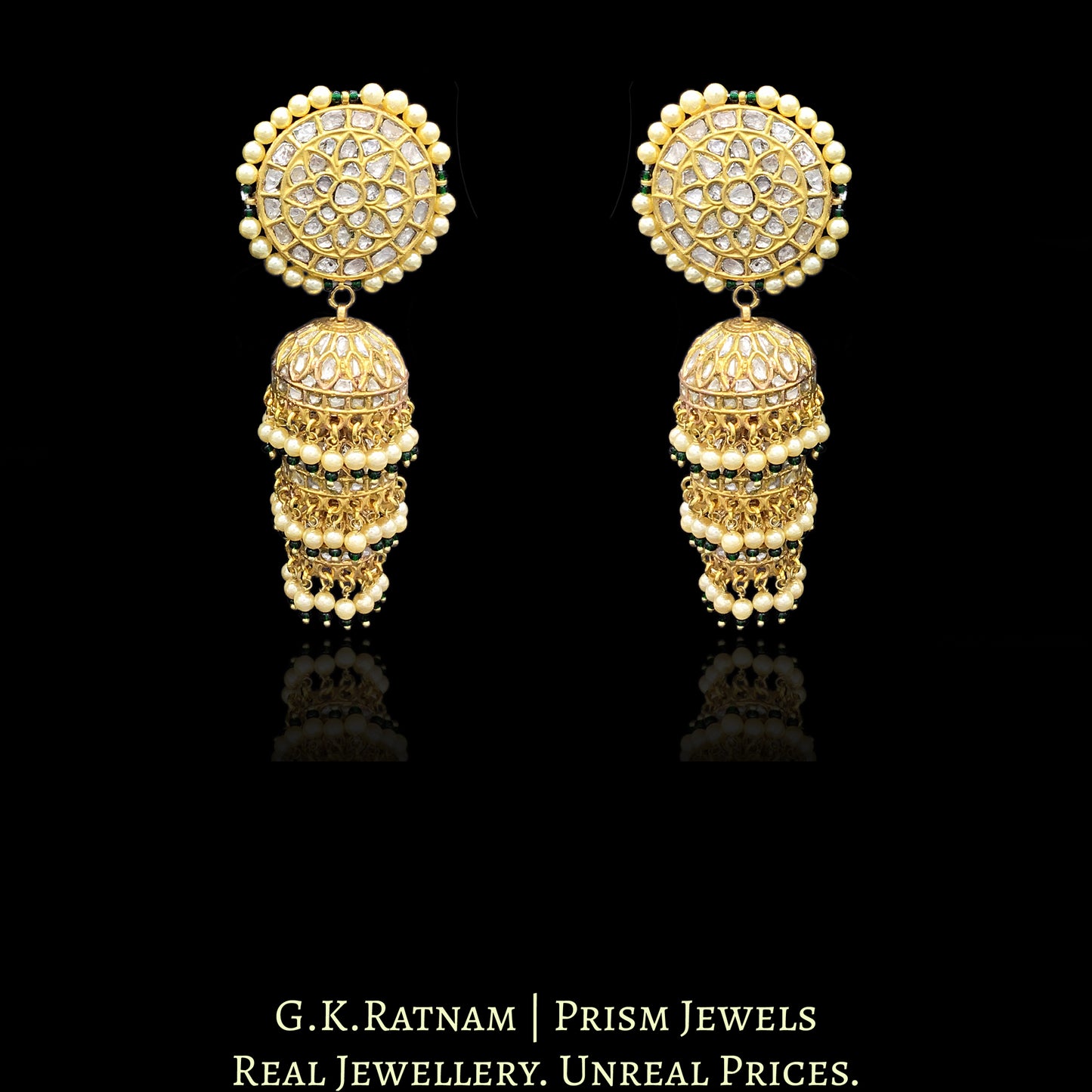 23k Gold and Diamond Polki three-tier Jhumki Earring Pair with pearls and a hint of green - G. K. Ratnam