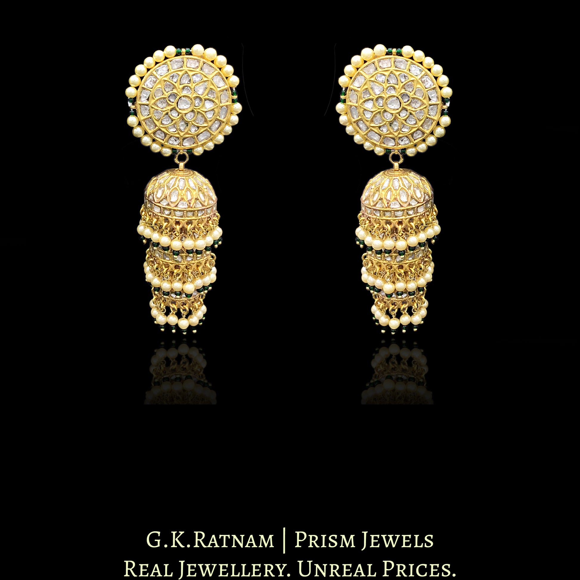 23k Gold and Diamond Polki three-tier Jhumki Earring Pair with pearls and a hint of green - G. K. Ratnam
