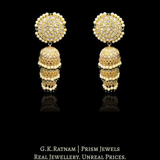 23k Gold and Diamond Polki three-tier Jhumki Earring Pair with pearls and a hint of green - G. K. Ratnam