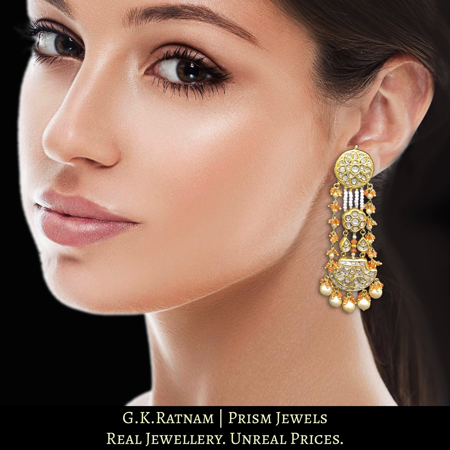 23k Gold and Diamond Polki pankhi (fan) Long Earring Pair with orange carnelians and natural freshwater pearls - G. K. Ratnam