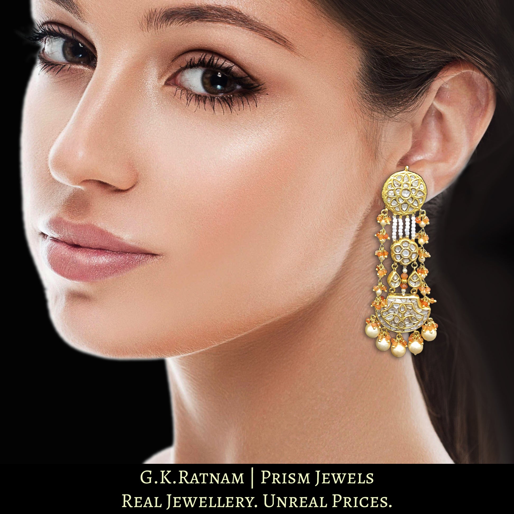 23k Gold and Diamond Polki pankhi (fan) Long Earring Pair with orange carnelians and natural freshwater pearls - G. K. Ratnam